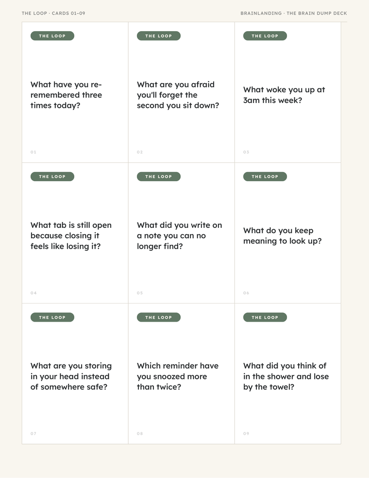A printed sheet from The Brain Dump Deck showing nine ADHD question cards ready to cut out